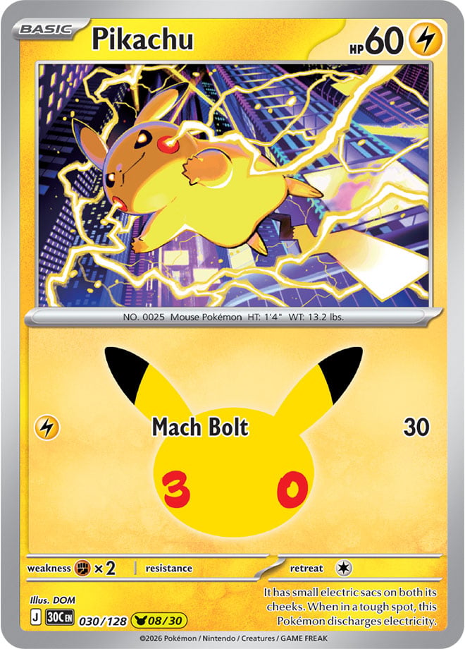 Pikachu 30/128 — 30th Celebration Pokémon card