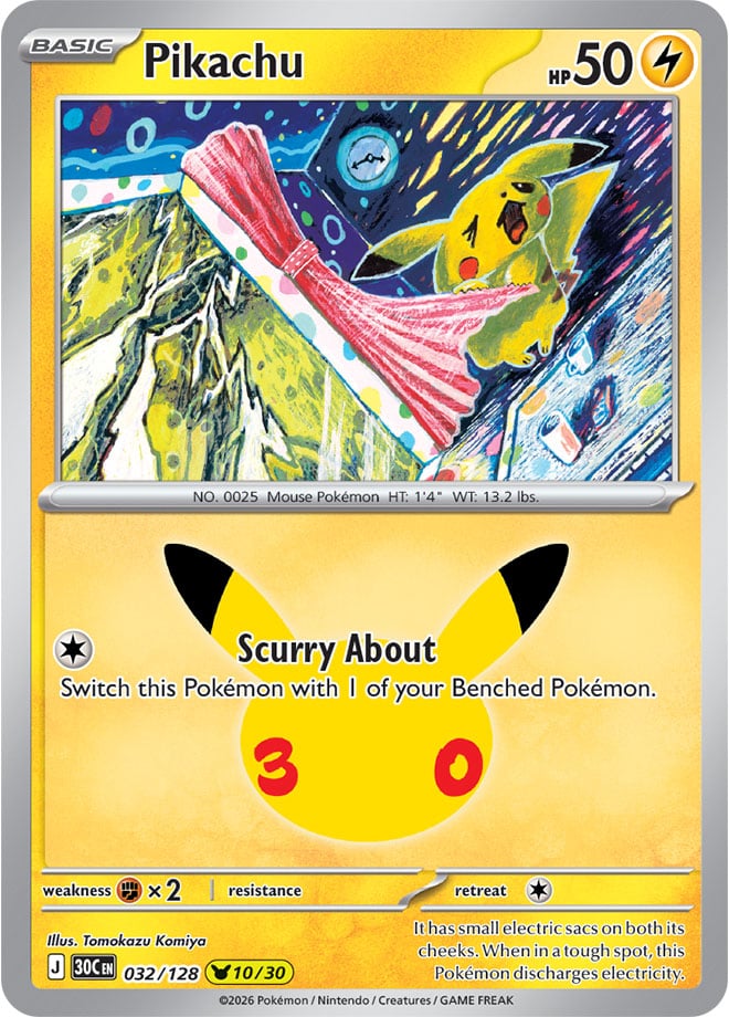 Pikachu 32/128 — 30th Celebration Pokémon card