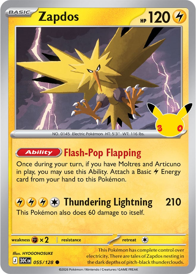 Zapdos 55/128 — 30th Celebration Pokémon card