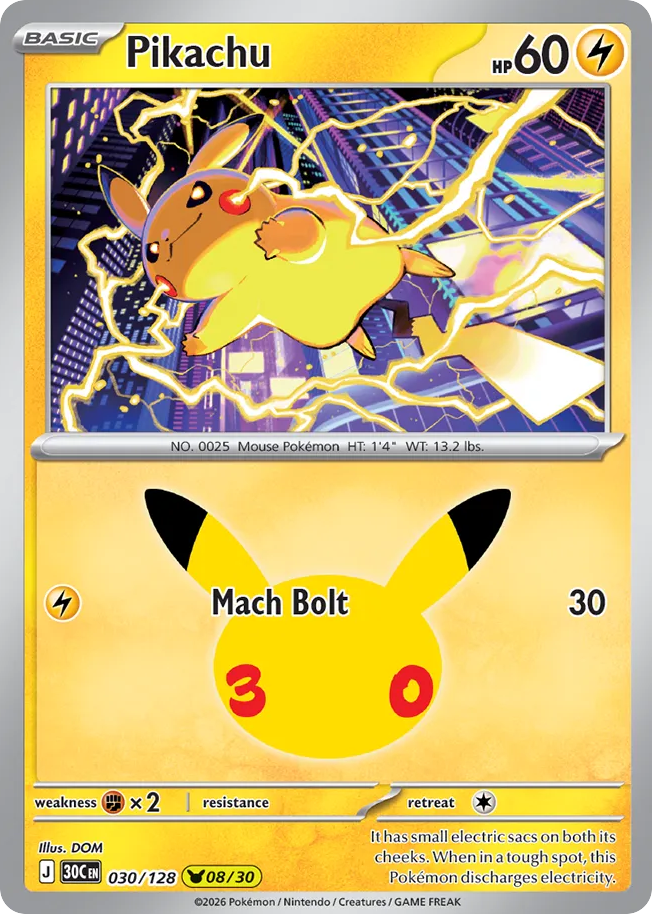 Pikachu 30/128 — 30th Celebration Pokémon card