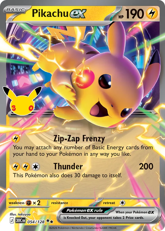 Pikachu ex 54/128 — 30th Celebration Pokémon card