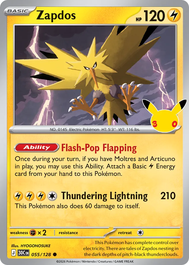 Zapdos 55/128 — 30th Celebration Pokémon card